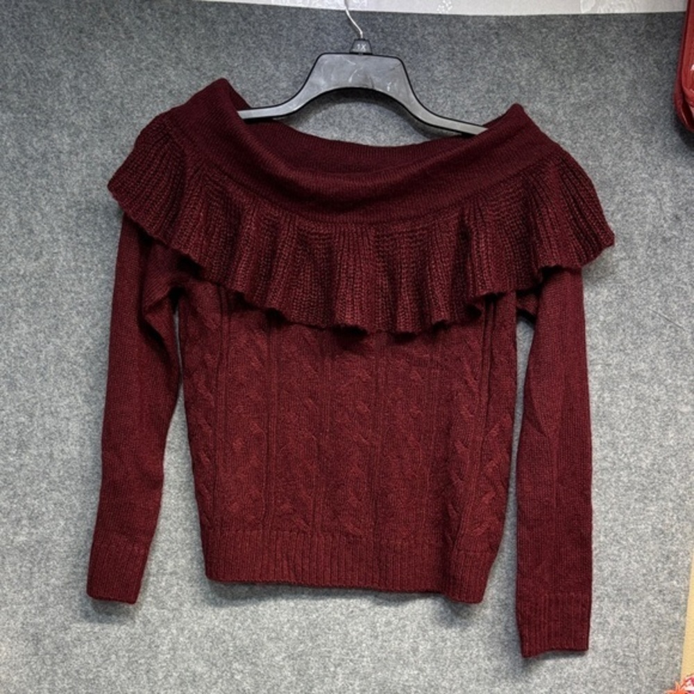 Wayf Burgundy acrylic mohair  Off-Shoulder ruffled long sleeve Sweater L NWT